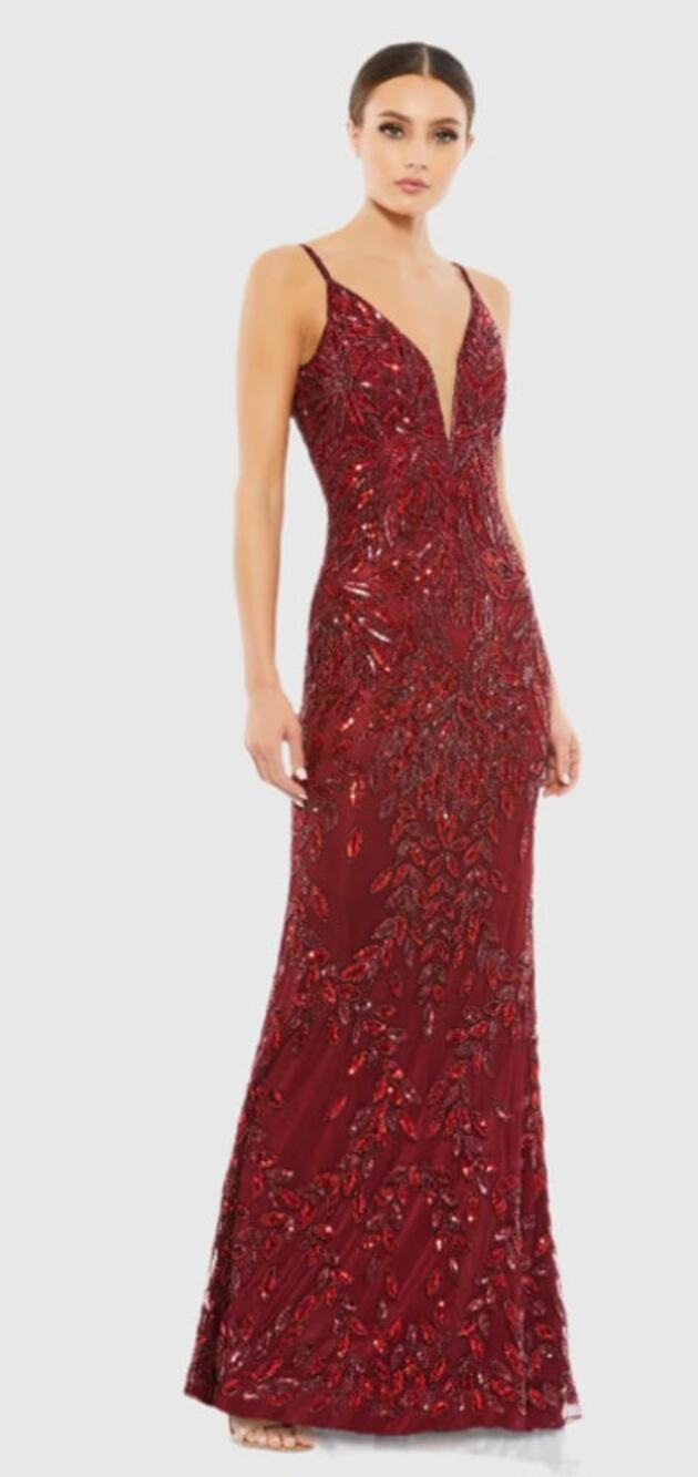 Mac Duggal 5107 Burgundy Red Embellished Leaf Plunge Evening Gown 12 NEW $498